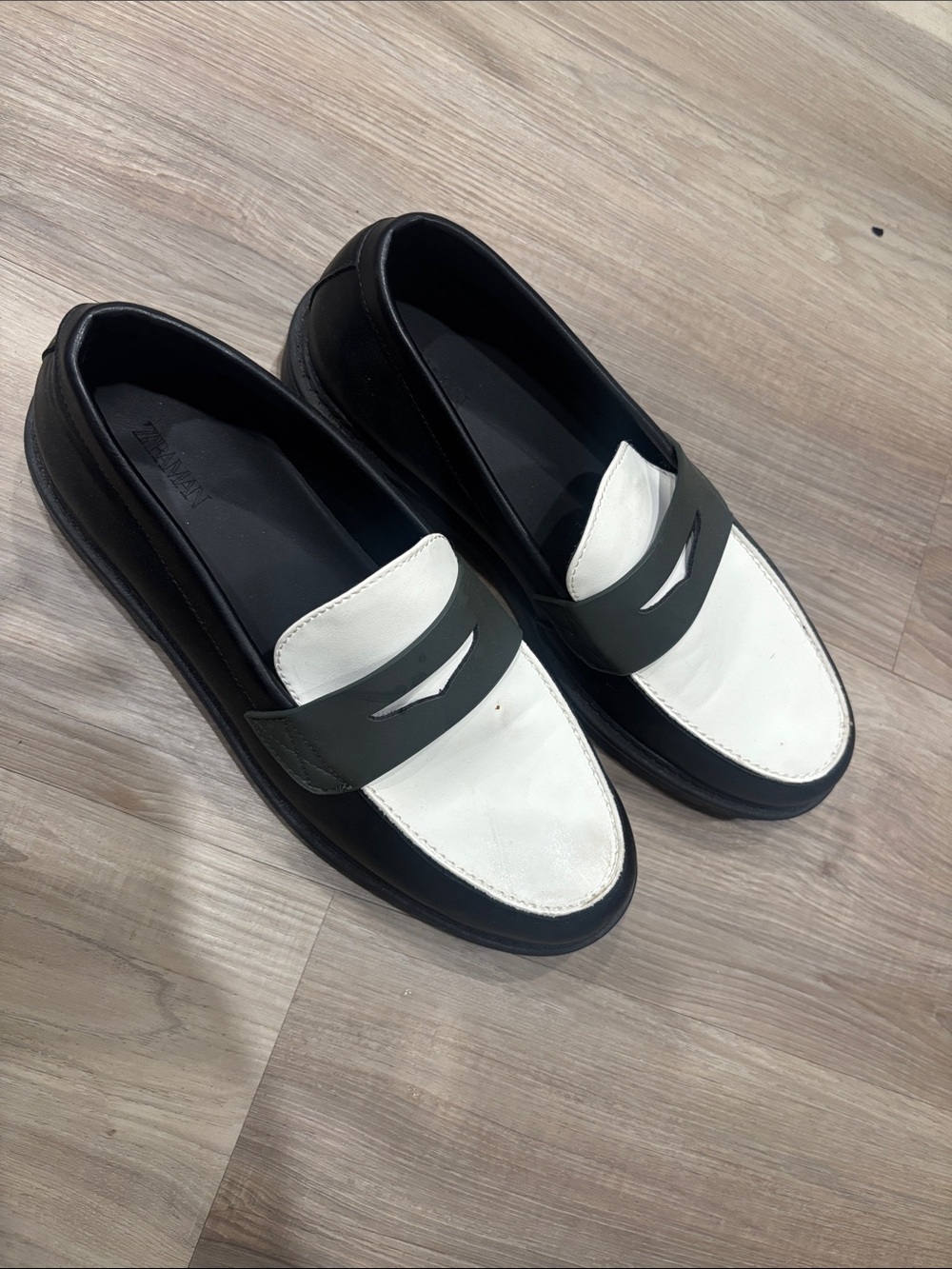 Zara Black and White Two-Tone Leather Penny Loafers